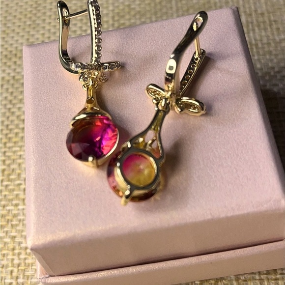 14 K Gold Plated Watermelon Stone Long Drop Earrings - Picture 5 of 5